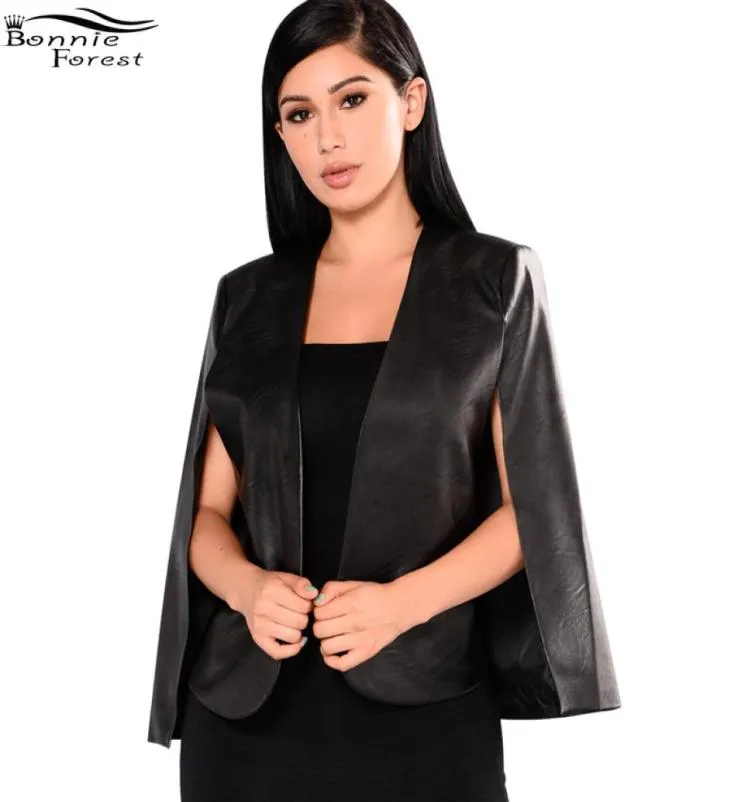 Bonnie Forest Sexy Women Long Sleeve Slit Crop Pu Black Faux Leather Cape Jacket 2017 Autumn New Black Pu Cloak Outwear Coat4885341