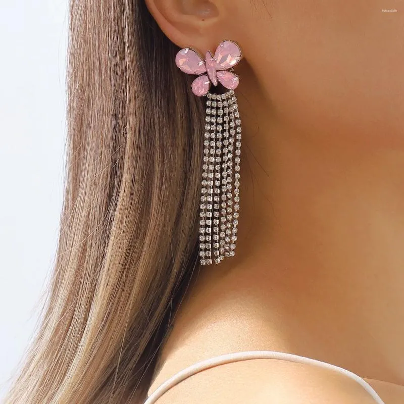 Dangle Oorbellen Glanzende Zirkoon Roze Blauwe Vlinder Kwastje Drop Voor Vrouwen Korea Stijl Bruiloft Oorbel Sieraden