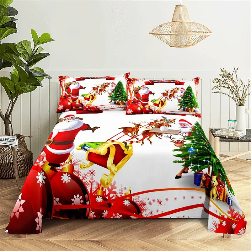 Set Santa Claus Queen Sheet Set Kid's Flat Sheet Boys and Girls Bed Sheets and Pillowcases Christmas Gifts Bed Sheet Set Bedding Set