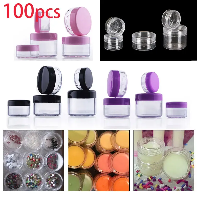 Flessen 100 stcs x 2G20 gram leeg doorzichtige plastic monster container rond cosmetische pot lotion nagel make -up poeder pot +20 mini spatel