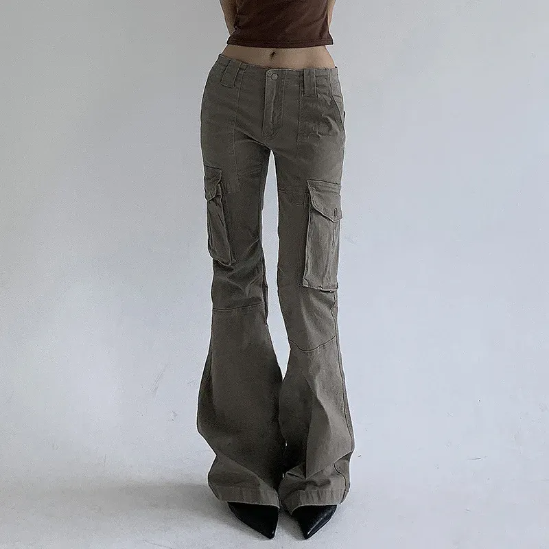 Capris vintage cinza calças de carga bolsos grandes costurados cintura baixa calças casuais femininas y2k grunge calças senhoras streetwear capris