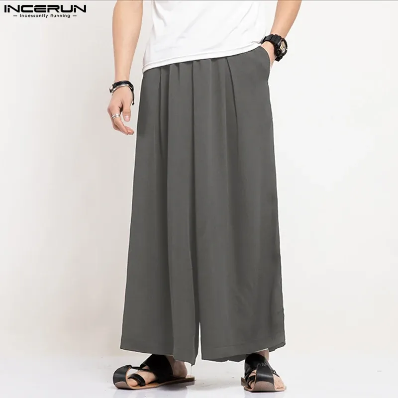 Брюки INCERUN 2023, мужские брюки, однотонные, с эластичной резинкой на талии, широкие брюки, мужские плиссированные уличные брюки, винтажные брюки в японском стиле, S5XL