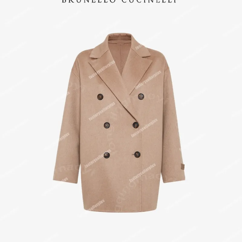 Kvinnor Woolen Coat Brunello Cuccinelli Cashmere dubbelbröst brunt långärmad mode casure jacka