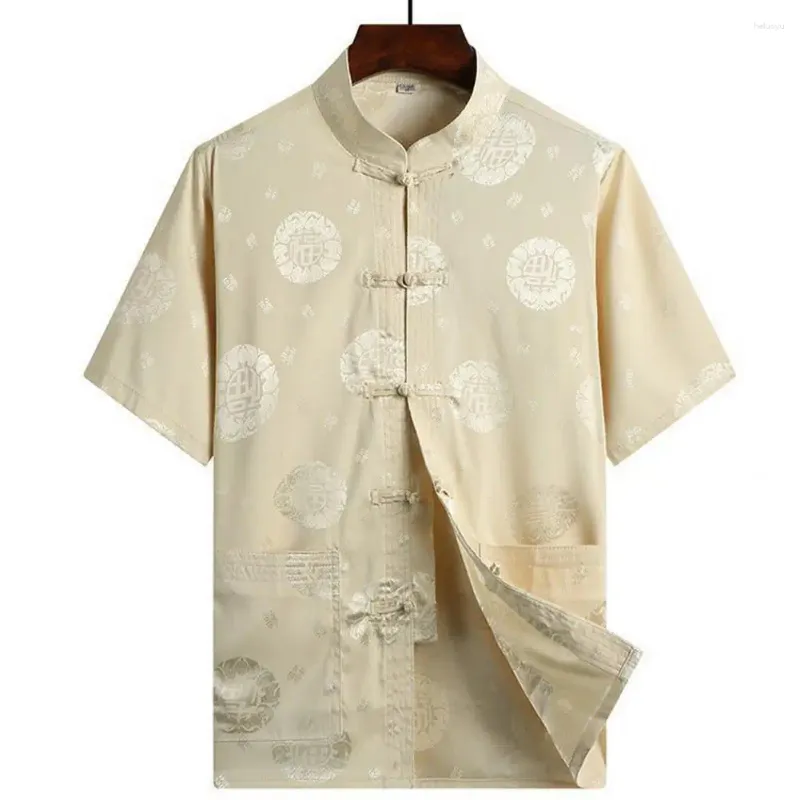 Mens Casual Shirts Men Chinese Style Tops Year Traditional Tang Shirt Stand Collar Short Sleeve Single Breasted Fu Character Print