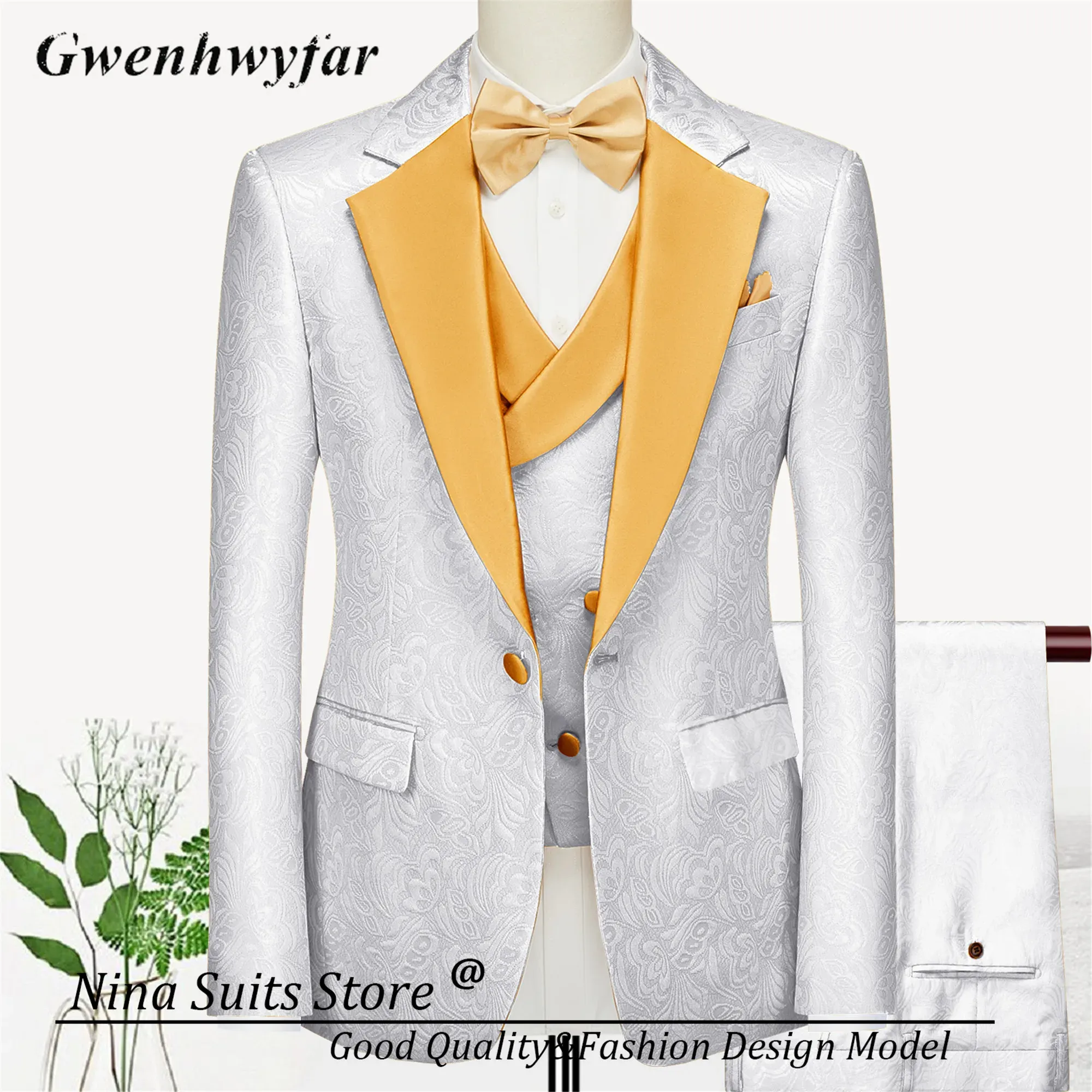 Suits G&N 2023 Formal Paisley Tuxedos Groom Wedding Wear White Blazer Pants Waistcoat with Gold Lapel Gentle Men Party Prom Suits