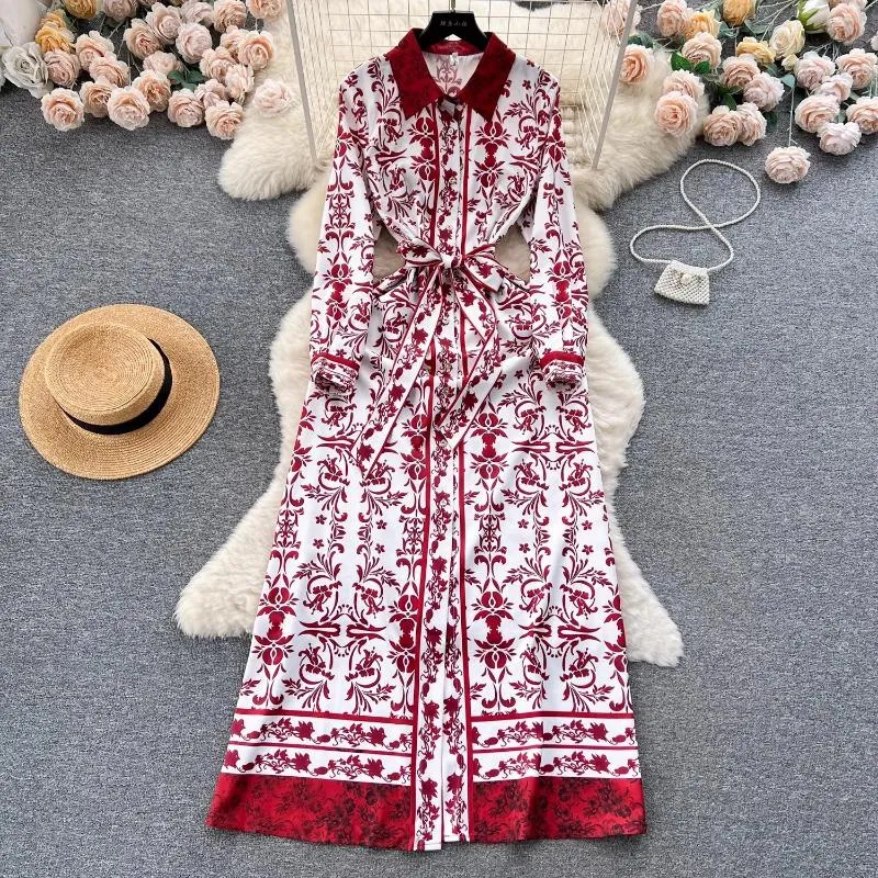 Vestidos casuais moda vintage camisa longa vestido feminino único breasted manga vermelha flor impressão cinto lace up maxi robe vestidos 6032