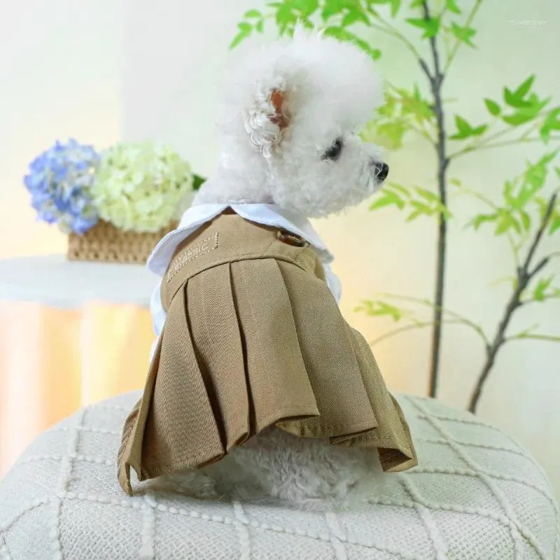 Dog Apparel Khaki Lacework Lapel Dress Clothes Sweet Puffy Sleeves Small Clothing Cat Comfortable Preppy Style Party Pet Products