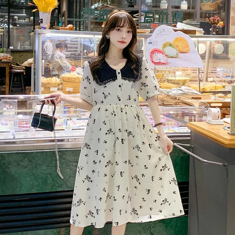 Abiti stile coreano estate donne incinte bellissimo vestito colletto rovesciato manica corta moda maternità abito a linea vestiti dolci
