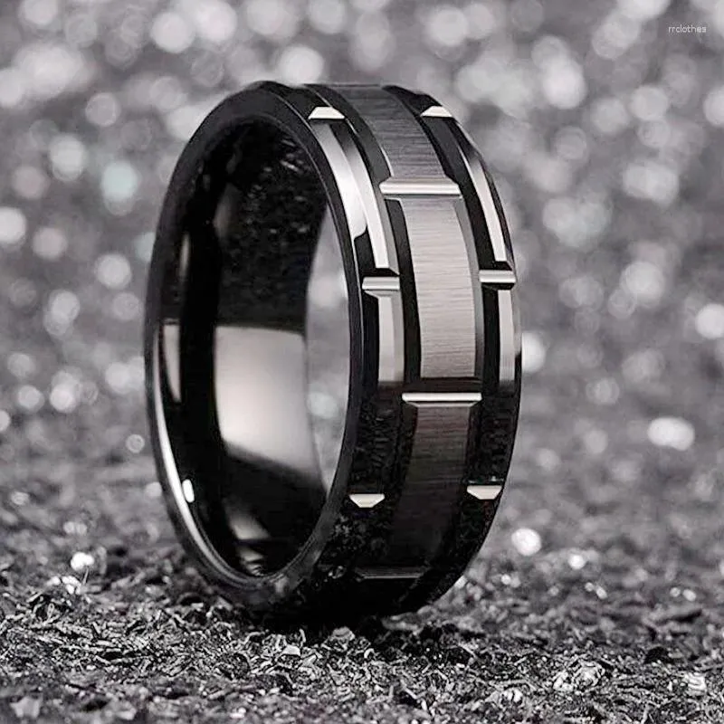 Anéis de cluster 8mm padrão de tijolo preto titânio aço homens anel sulco simples ajuste bandas de casamento para moda jóias accessori