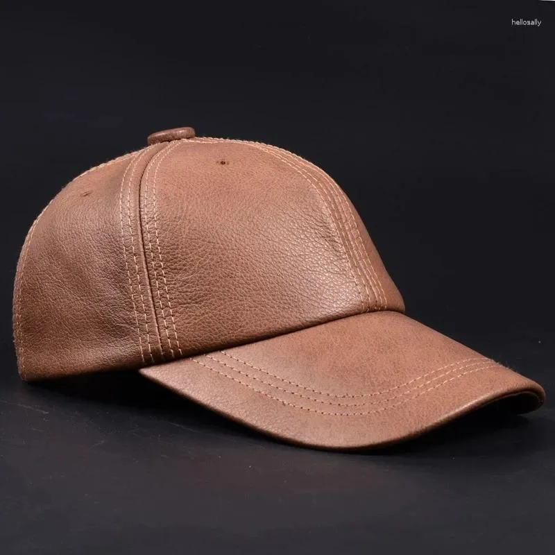Ball Caps Male Casual Genuine Leather Baseball Cap For Men Real Cowhide Black/Brown Dad Hats Mens Big Brim Cool Hat