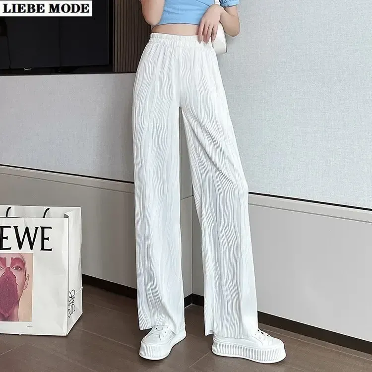 Pants Women's Sheer Ice Silk Wide Leg Chiffon Pants for Women Summer Straight Palazzo Trousers Elastic Waist Korean Pantalones Mujer