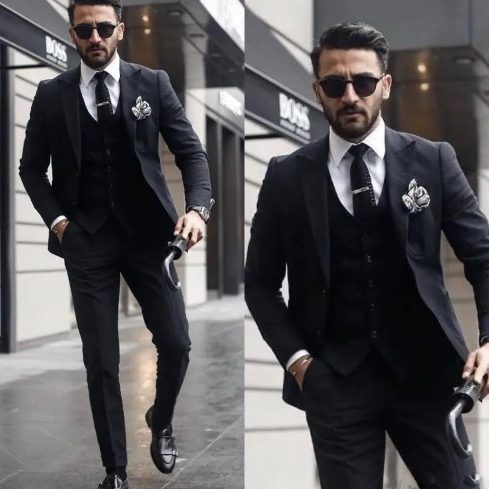 Pakken Boss Men Suits voor bruiloft revers Gentle Bruidegom Slim Fit Groomsmen bruiloft Tuxedos 3 -delige jasbroek Vest Beste man Blazer