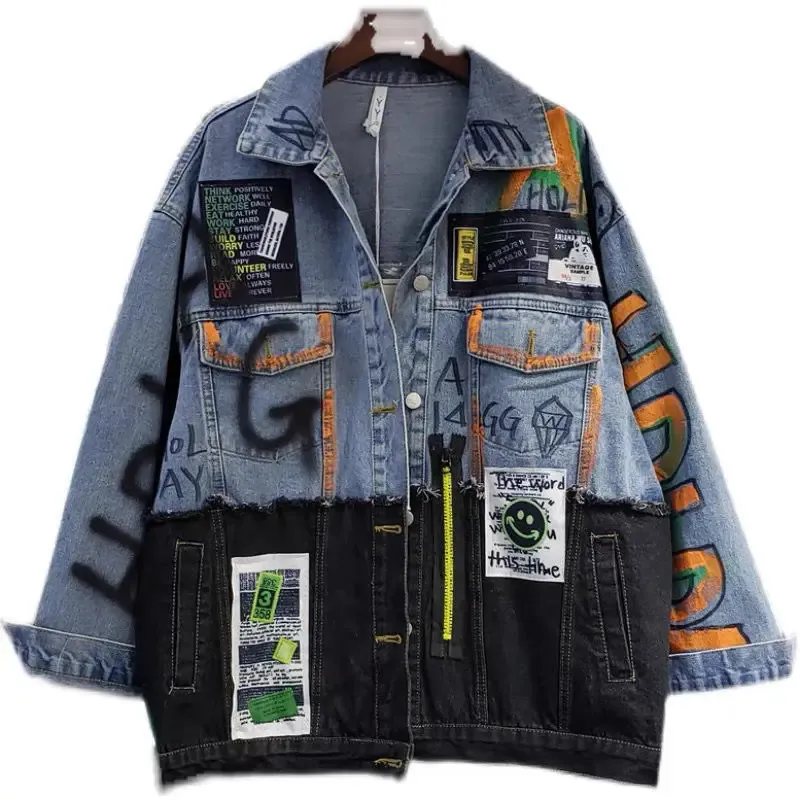 Autumn Winter Creative Patchwork Graffiti Mönster Patchwork denim Coat Spliced ​​Jeans Jacket Cowboy Cardigan Crop Tops Chaquetas 240301