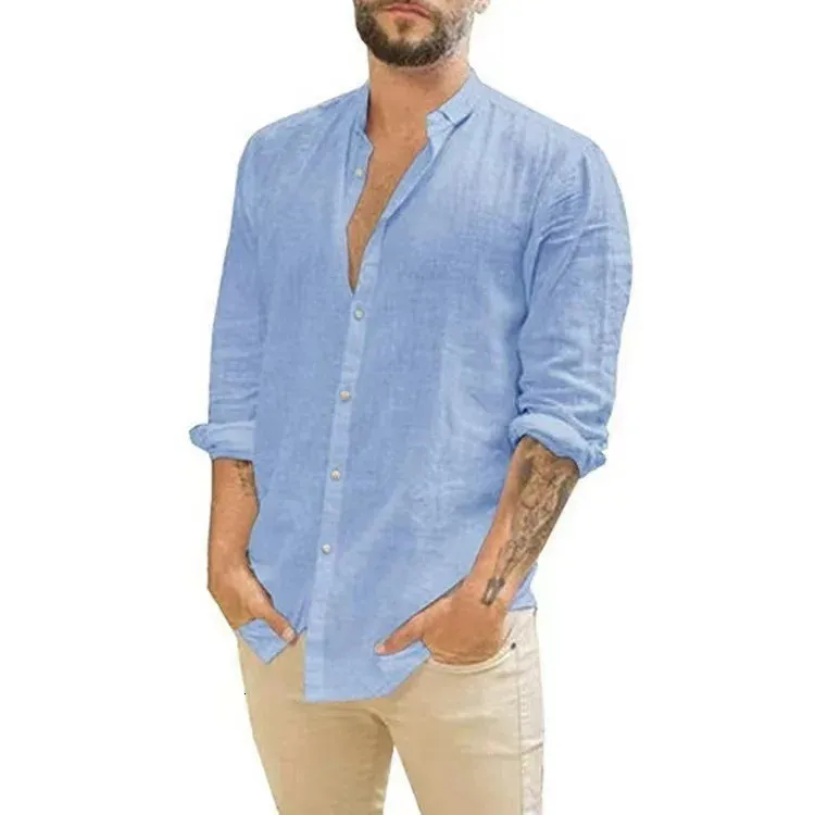 Camisas Camisa polo cómoda de manga larga con cuello de ocio de color sólido Cárdigan de lino suelto para hombres europeos y americanos 240228