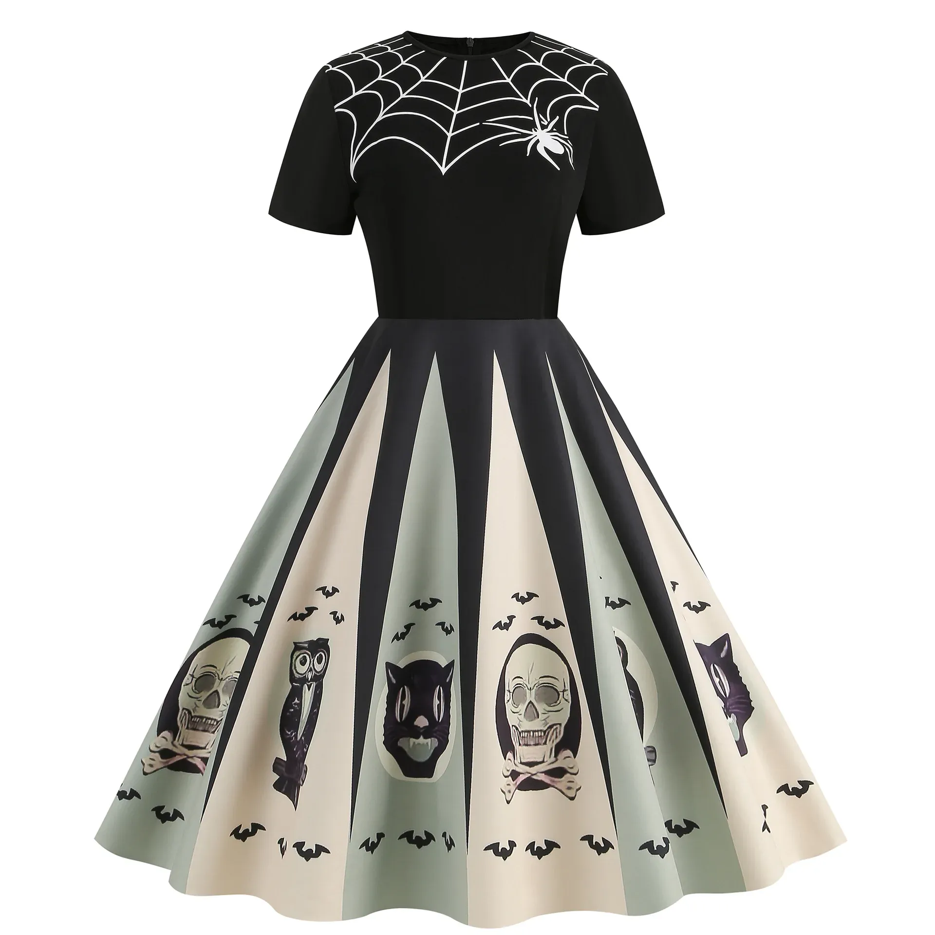 Jurk Dames Zwarte Goth Halloween-kostuums, Retro Feestjurken, Carnaval, Kerstgewaad, Korte mouw, Pompoenschedelprint, Cosplaykleding