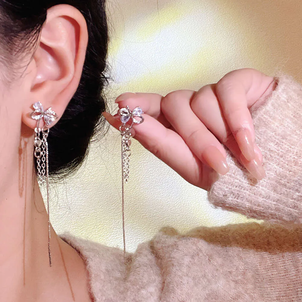 S Sier Needle Super Immortal Style Long Tassel with Advanced Design and Exquisite Zircon Bow Earrings