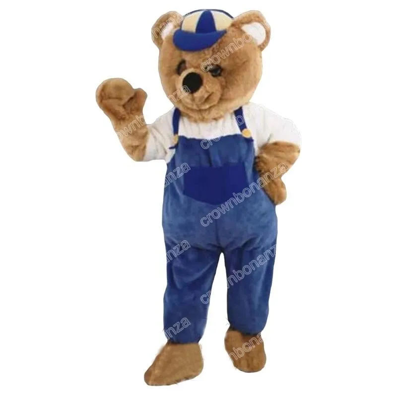 Halloween Custom Brown Bear som bär blå overaller Mascot kostym Fancy Dress Carnival Birthday Party Plush Costume