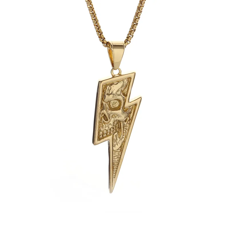 Хип-хоп Титановая сталь Молния Череп Кулон Ожерелье 18-каратного настоящего золота с покрытием Мужские украшения
