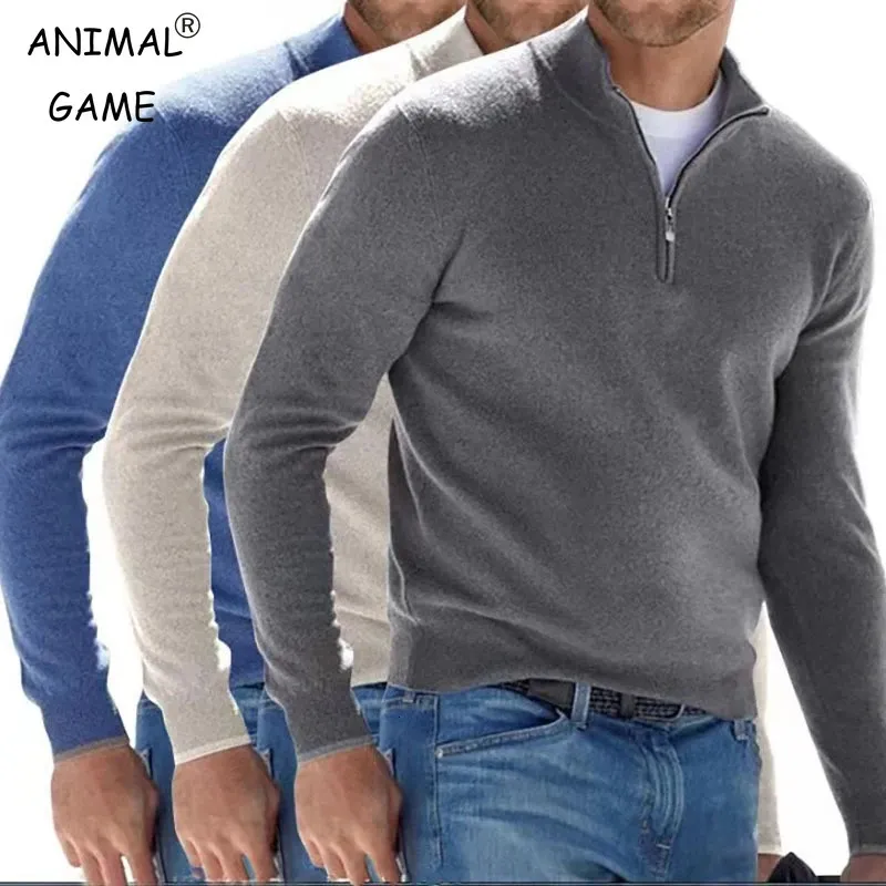 Herbst Herren Sweatware Warmer Pullover Einfarbiger halber Reißverschluss Lässiger Pullover Schlanker V-Ausschnitt Langarm Herren Sweatshirts Winter Top 240228