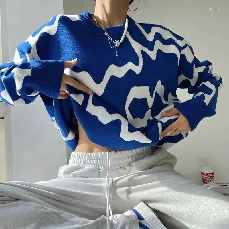 Swetery dla kobiet Vintage Streetwear Y2K Women Sweater Harajuku Ulzzang O Neck Blue w paski japońskie dzianinowe kolory