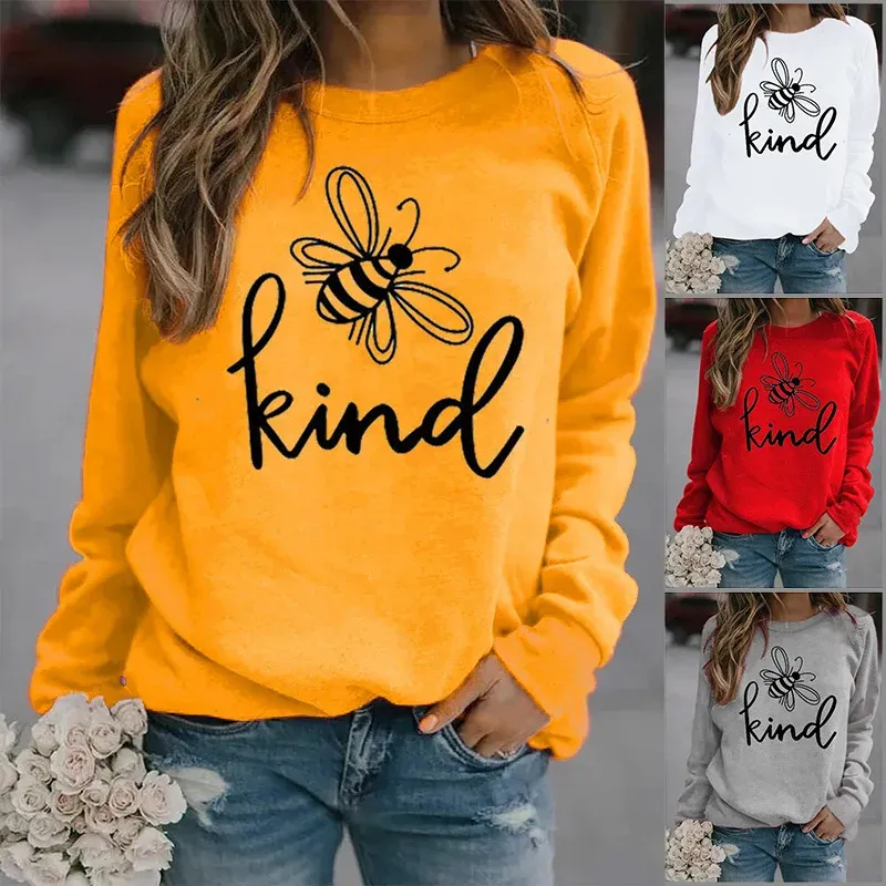 Sweatshirts Bee Kind Printed Hoodies Women fleece Långärmning O Neck Loose Sweatshirt Girls Women Hoodie Pullover Winter