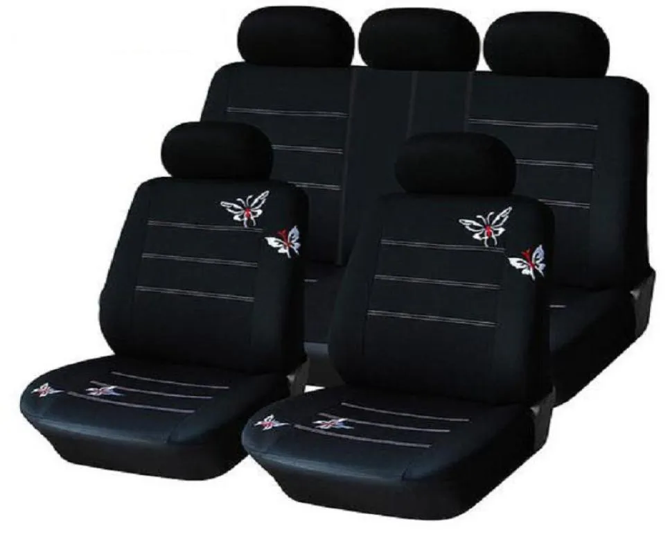 9pcsset Autostoelhoes volledige sets Universal Fit 5-zits SUV sedans voorstoel elastisch wasbaar ademend zwart Butterfly6060320