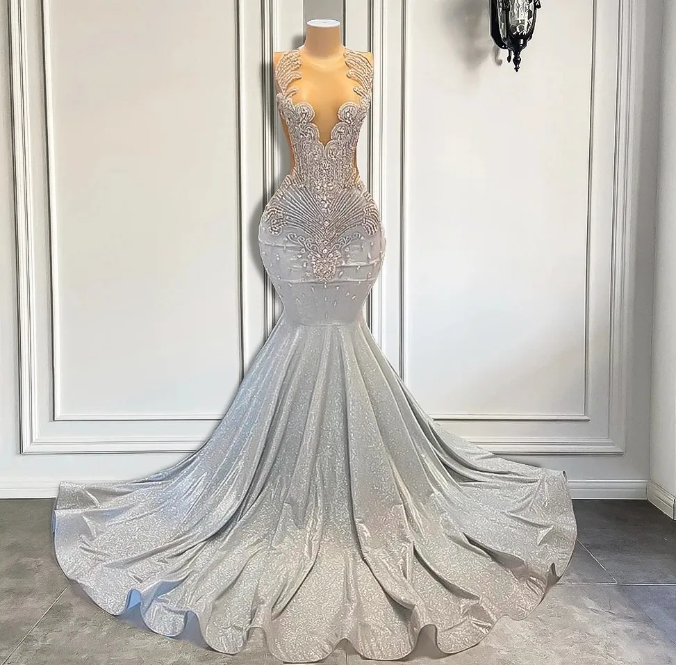 Kobiety Silver Long Mermaid Dress 2024 Seksowna siatka luksusowy błyszczące ręcznie robiona diamentowa czarna dziewczyna na bal