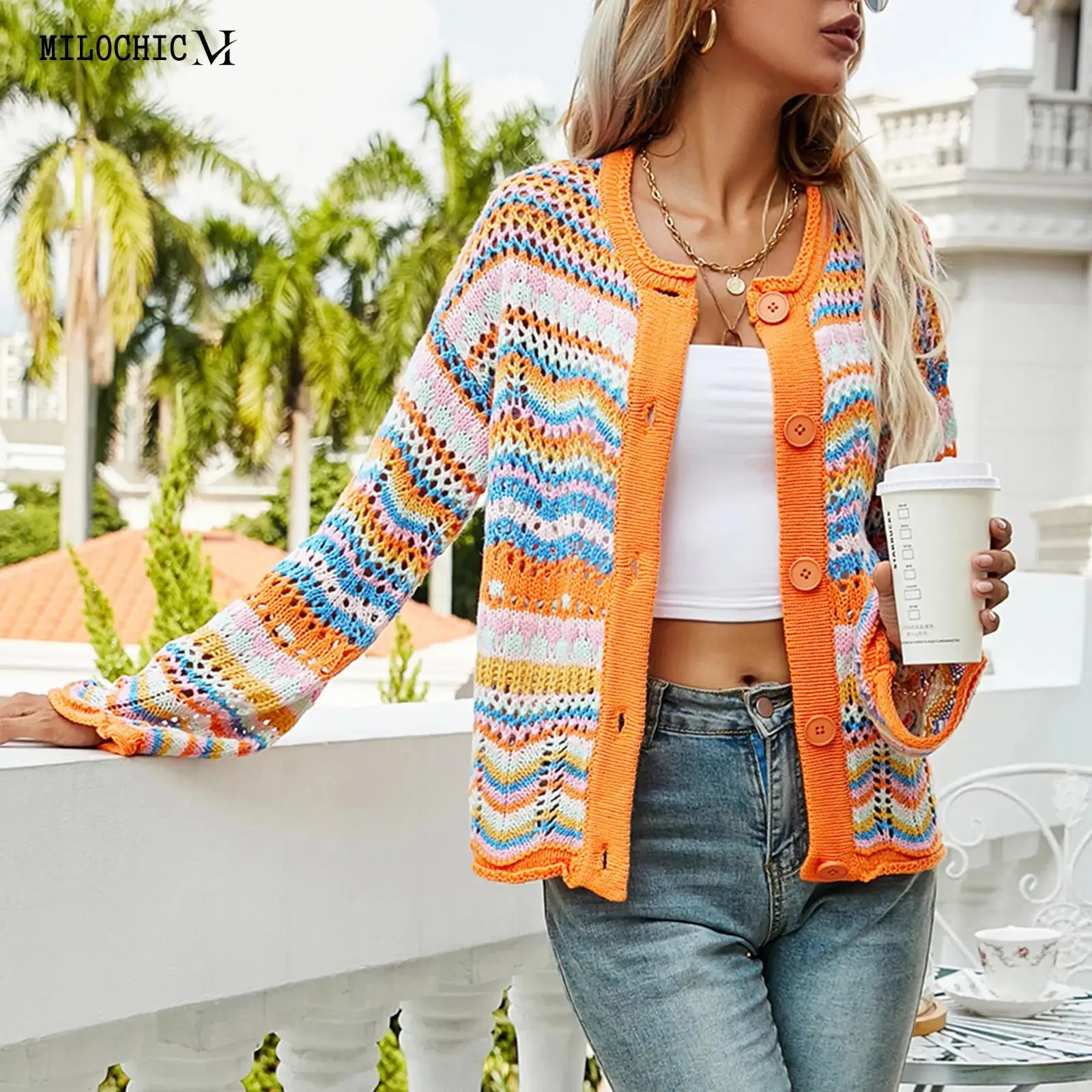 Cardigan for Women Rainbow Color Striped Sweater Cardigan Women Casual Cardigan Front Open Sweaters Hollow Out Daily Outfit 240219