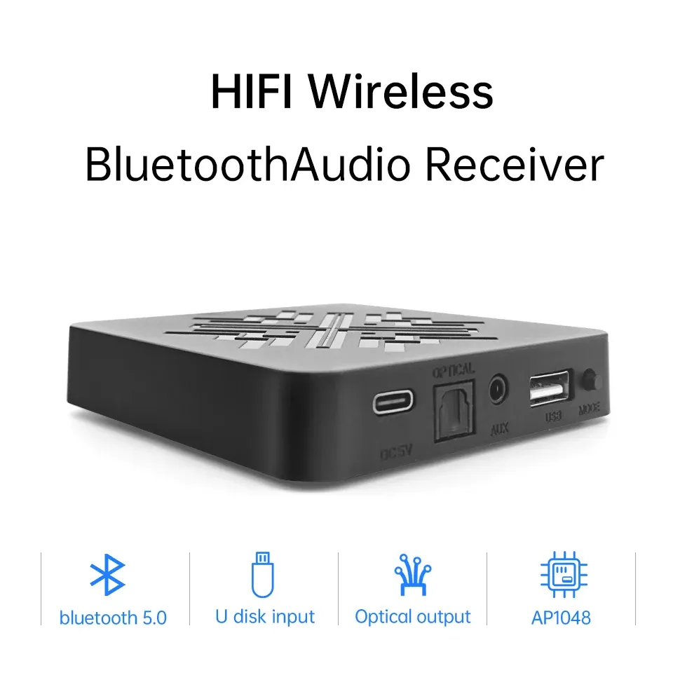 Haut-parleurs Bluetooth 5.0 Récepteur audio Support U Disque Lecture sans perte 3,5 mm Sortie audio RCA Sortie fibre optique pour PC TV Haut-parleur de voiture