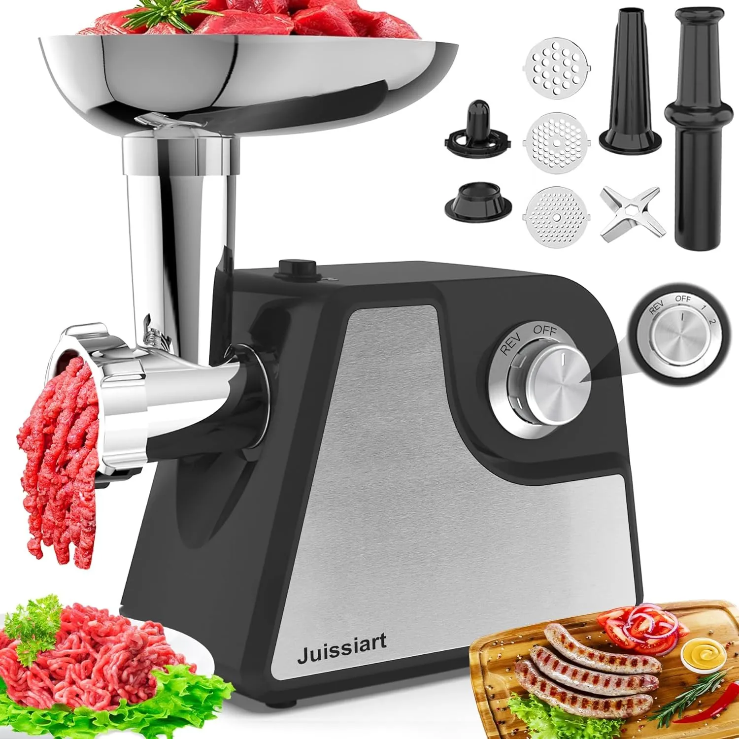 Juissiart Meat Grinder, 2500 Max Meat Grinder Electric TWO Speeds Mode, Stainless Steel Blade, 3/5/7 Grinding Plates, Sausage Stuffer Tube & Kibbeh Kit for Home Kitchen Use