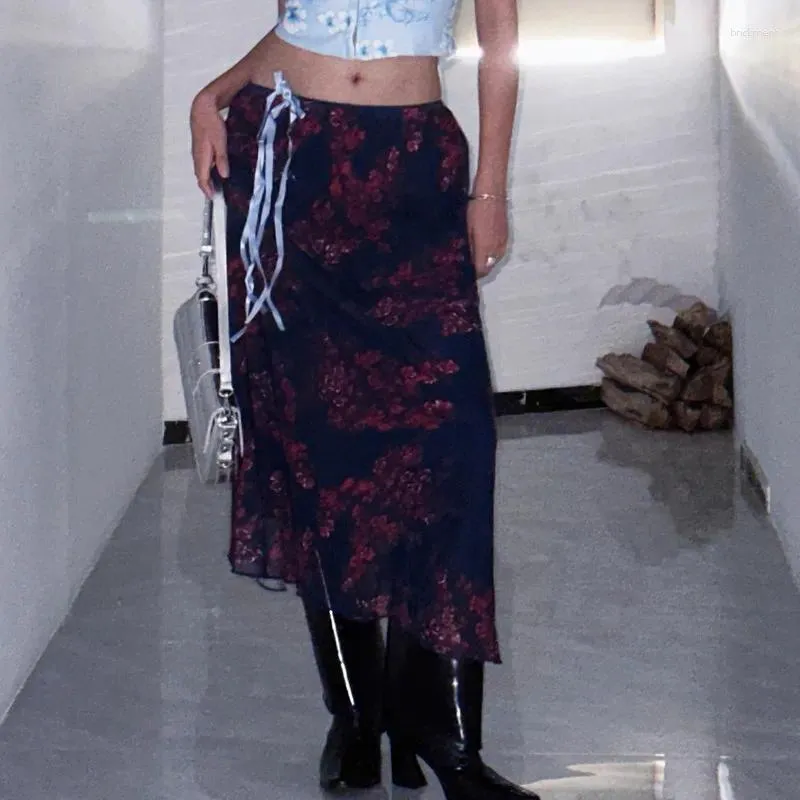 Spódnice WPNAKS Długie spódnica letnie ubrania Vintage elegancki kwiat na codzienne codzienne randki streetwearne