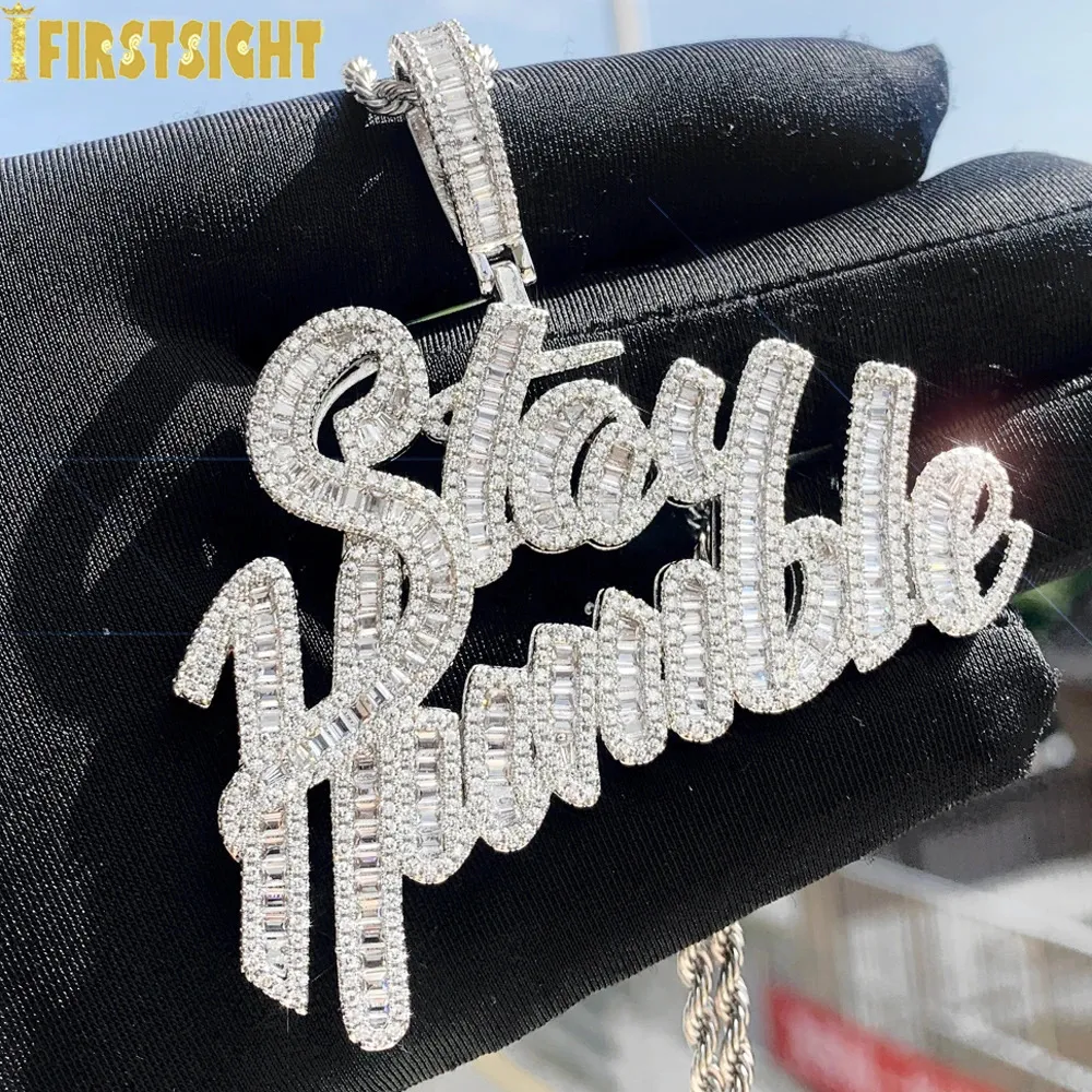 Iced Out Bling Cursive Letter Stay Humble Pendant Necklace Gold Plated Full CZ Zircon Charm Men Fashion Hiphop Jewelry 240226
