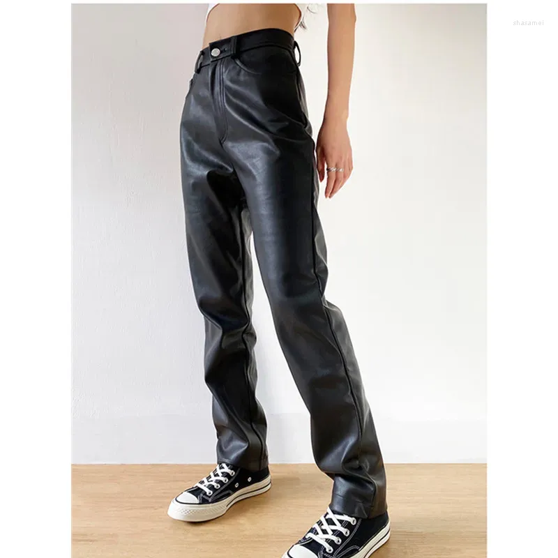 Women's Pants Women PU Leather Straight With Pocket Thin Streetwear Solid Casual High Waist Long Trousers Female Motorcycle