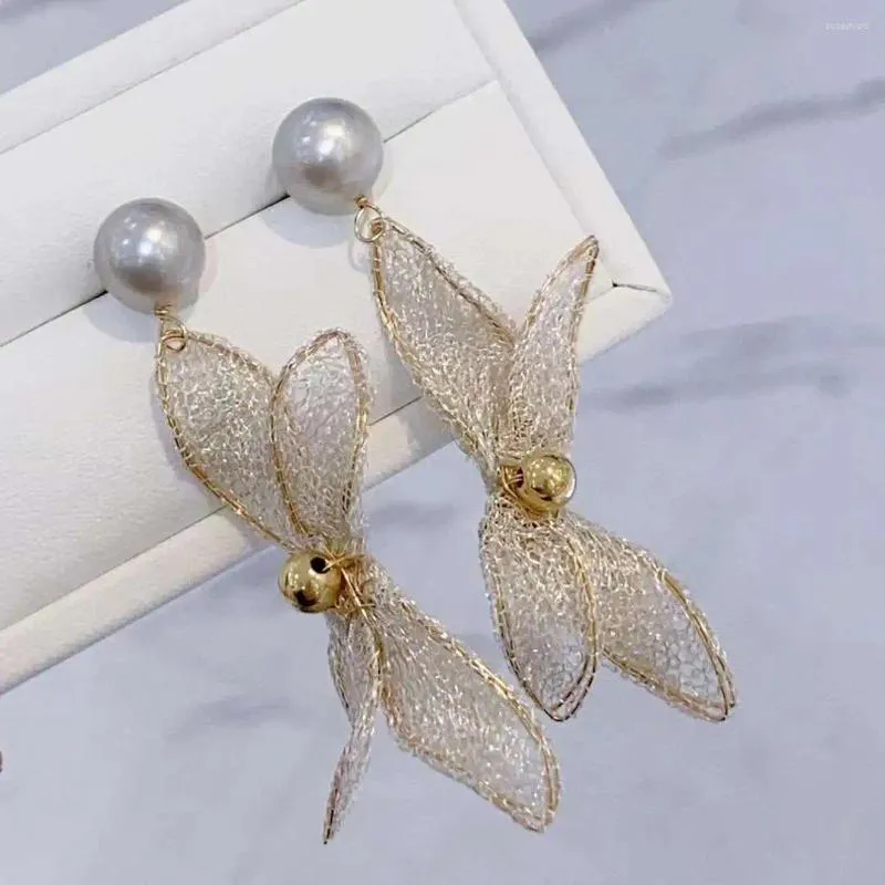Boucles d'oreilles pendantes SGARIT bijoux 14K rempli or métal dentelle 9-9.5mm perle d'eau douce naturelle goutte designable pour les femmes