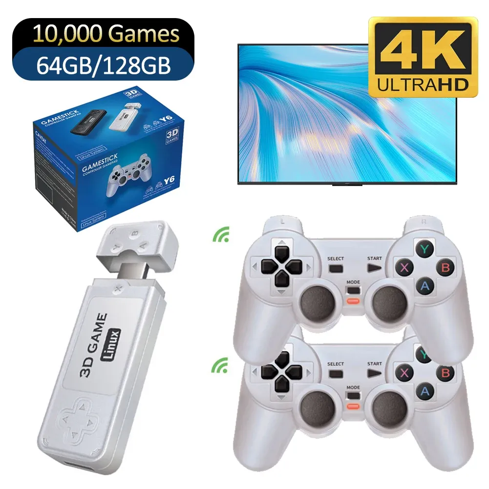 Consoles Y6 4K HD Retro Video Game Console 10000 + Jogos 64/128G com 2.4G Controlador sem fio Vários idiomas 3D Video Game Stick
