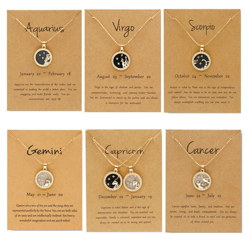Fashion 12 Constellation Necklaces For Women Men Gold Chain Zodiac Sign Round Pendant Necklace Black and White Couple Jewelry Birthday Gift