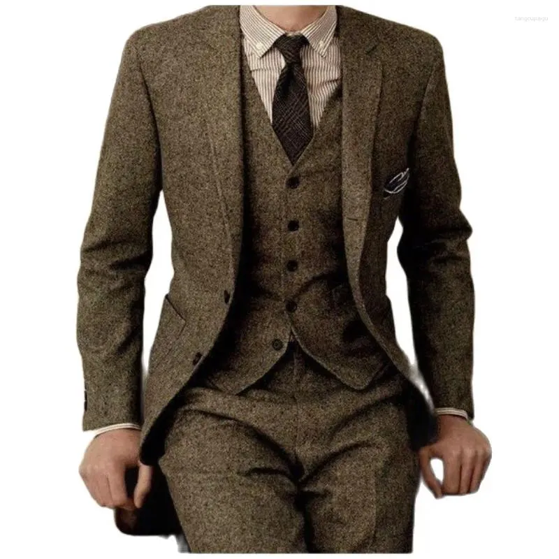 Mäns kostymer Classic Tweed Men Suit 3 PCS Costume Homme Dinner Party Casual Wear (Jacket Pant Vest) Brudgum Tuxedos Wedding Prom Blazer