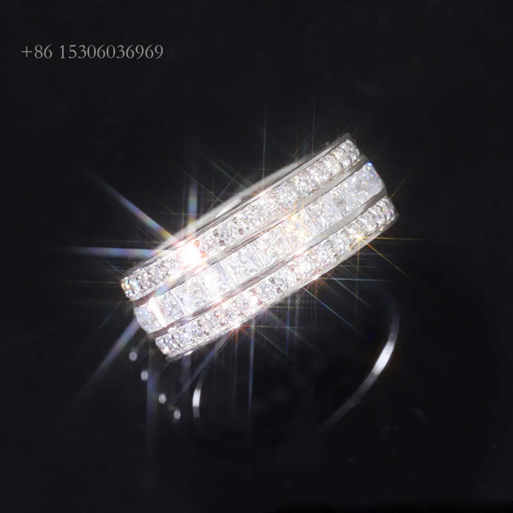 Professional Custom Jewelry 3 Rows Round Moissanite S Sier Plated White Gold Engagement Rings For Women Men Daily