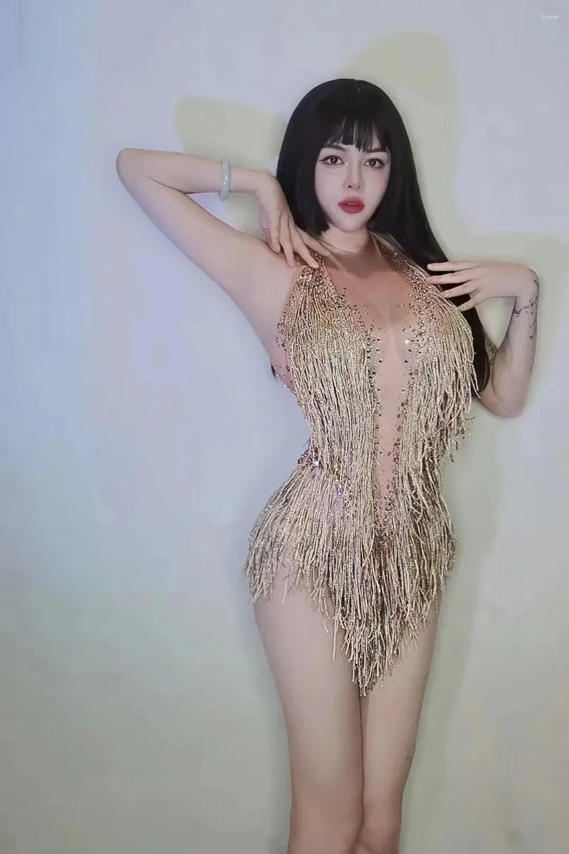 Scenkläder guld lysande strass tassel halter sexiga bodysuits för kvinnor nattklubb dj klädstång prom bär sångare kostymer