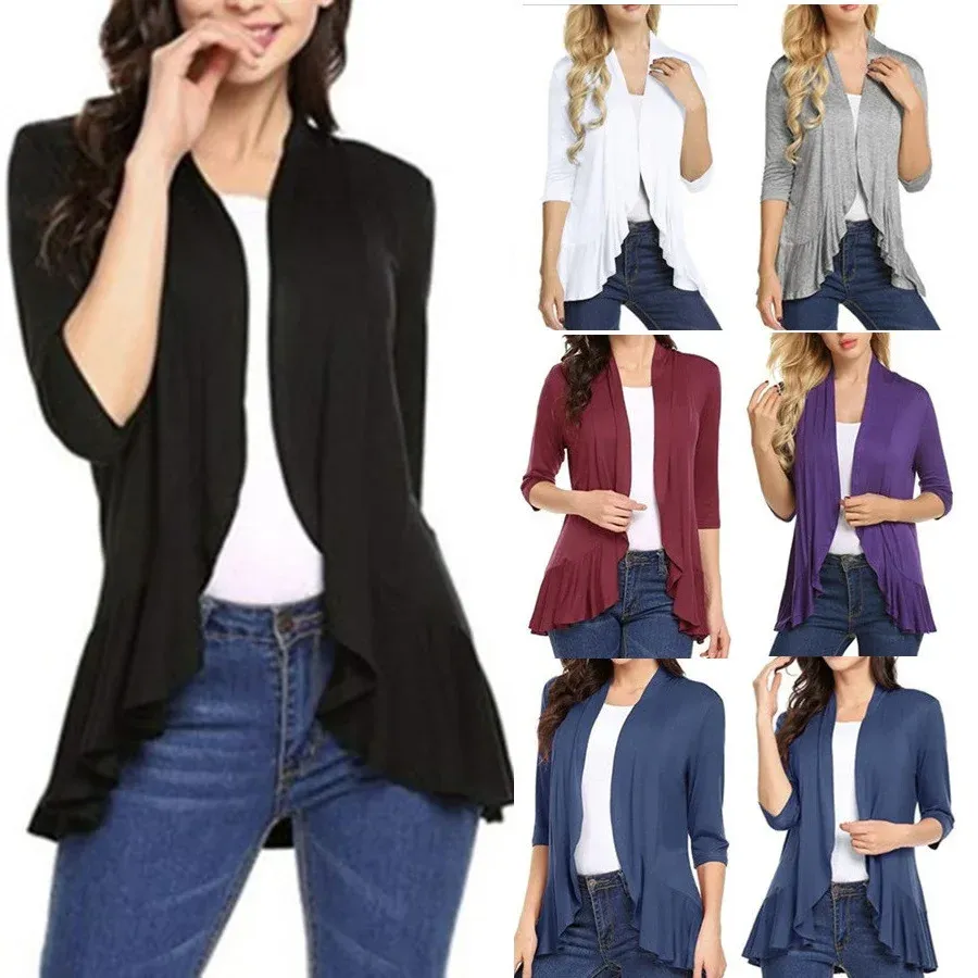 Cardigans Cardigan Femme Printemps Eté Automne Vêtements Couleur Unie Haut Slim Ourlet À Volants Manches Trois Quarts Mince Simple Manteau Noir Blanc