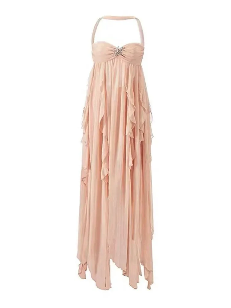open lace back dress Qianna Baby Blue Peplum Drop Waist Chiffon Gown