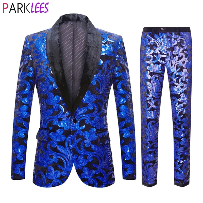 Suits Luxury Royal Blue Velvet Sequin Floral Pattern Suits Pants Men Shawl Collar One Button Tuxedo Suits Men Party Prom Costume Homme