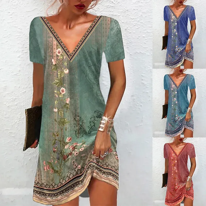 Dress Vintage Style Ethnic Women's 2023 Summer V Neck Floral Print Dress Casual Loose Fit Short Sleeve Comfortable Elegant Beach Dress