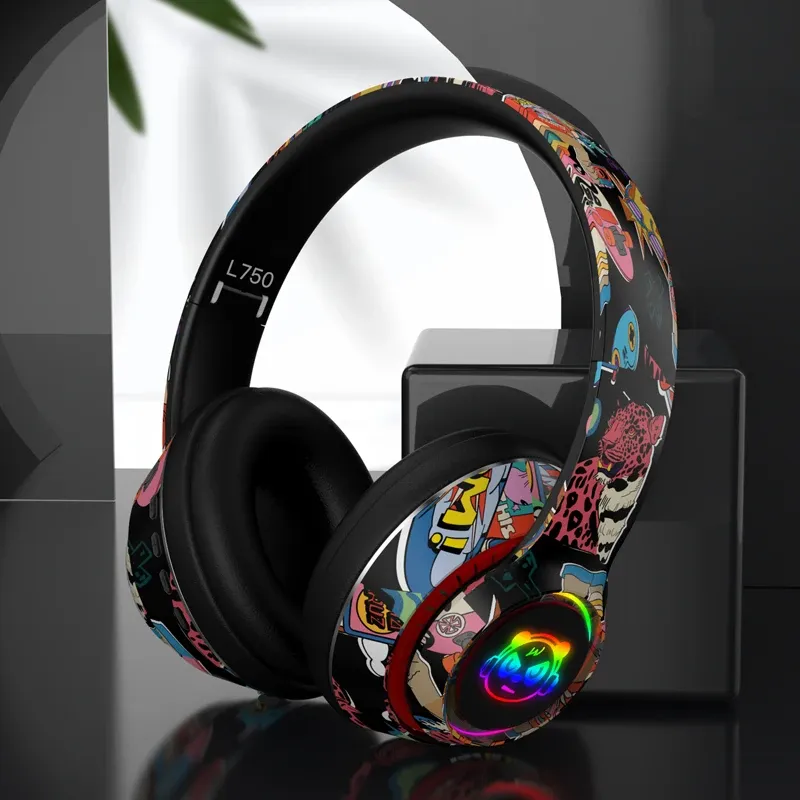 Hörlurar headset graffiti hörlurar trådlöst bluetooth dj i mic rgb ledande ljus för barn pc gamer hörlurar support tf kort nytt år gåva