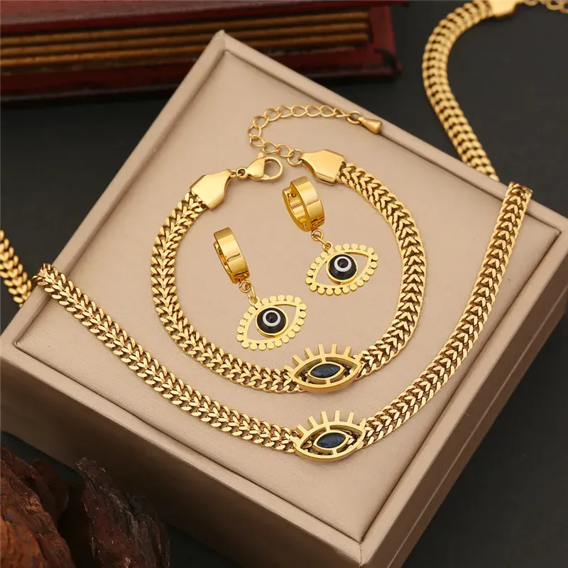 Blu TUrkiye Devils Eye 14k Collana in oro giallo Orecchini Bracciale Set Gioielli per donne Komplet Damskiej Stal