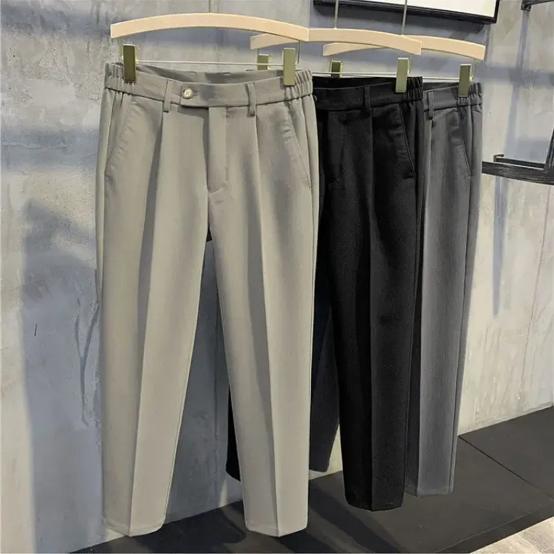 Pants 2023 New Spring and Summer Fashion Korean Edition Simple Casual Business Half Elastic Waist Drop Straight Solid Men's Suit Pants