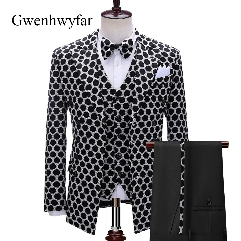 Abiti Gwenhwyfar Smoking doppio petto con motivo a punti per lo sposo da sposa da uomo Abiti eleganti da uomo Blazer con scollo a V Pantaloni slim fit