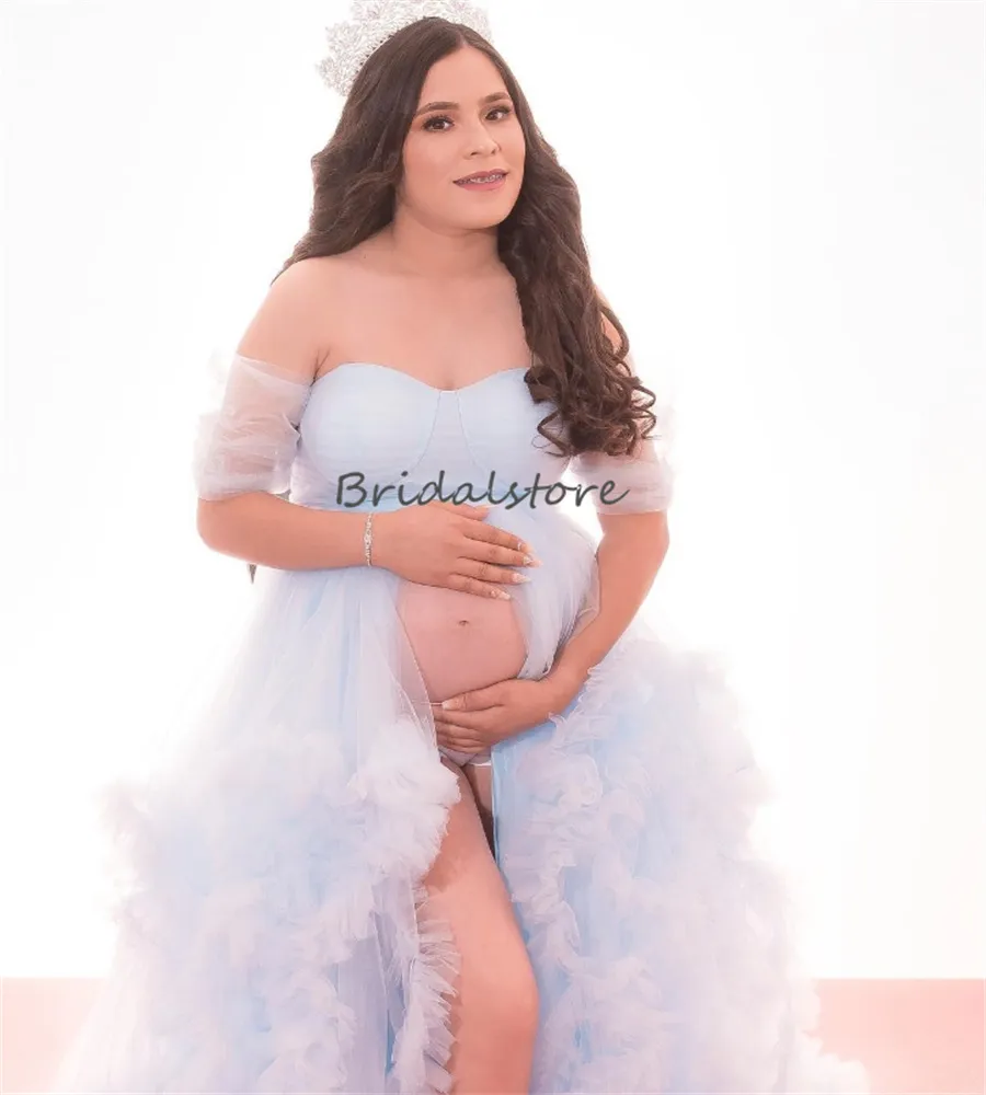 baby shower guest dress blue Momyknows Blue Off Shoulder Long Sleeve High Split Satin Bodycon Solid Baby Shower Party Gown Maternity Maxi Dress Blue / M