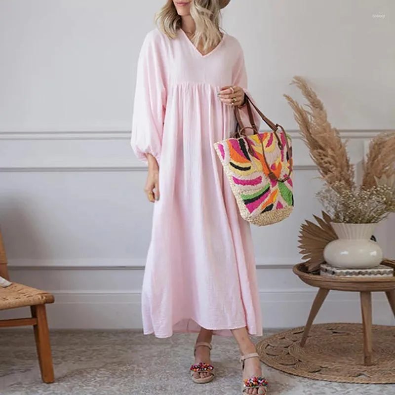 Casual Dresses Bohemian V-hals Bomullslinne Kvinnor Spolid Hög midja Robe Party Autumn Lantern Sleeve Long Maxi