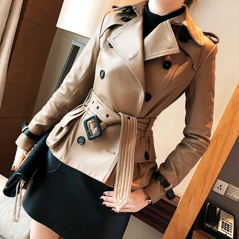 Vestes femmes veste en cuir véritable femme hiver Double boutonnage classique ceinture courte Trench manteau Mujer Beige/noir Moto coupe-vent